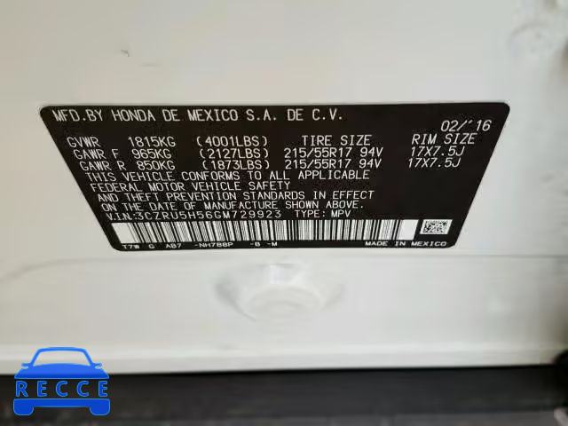 2016 HONDA HR-V EX 3CZRU5H56GM729923 image 9