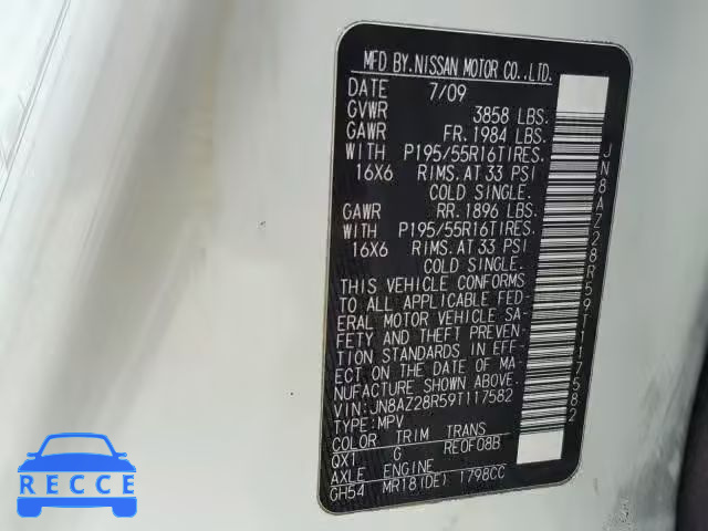 2009 NISSAN CUBE BASE JN8AZ28R59T117582 image 9