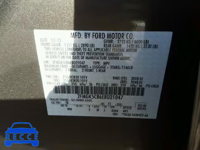 2014 FORD FLEX SEL 2FMGK5C86EBD21047 зображення 9