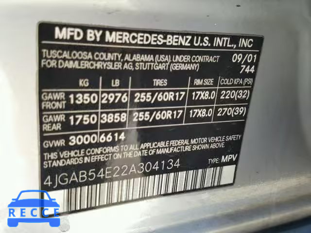 2002 MERCEDES-BENZ ML 320 4JGAB54E22A304134 зображення 9