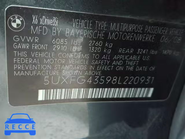 2008 BMW X6 XDRIVE3 5UXFG43598L220931 image 9