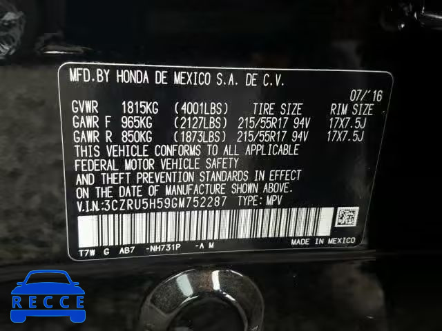 2016 HONDA HR-V EX 3CZRU5H59GM752287 image 9