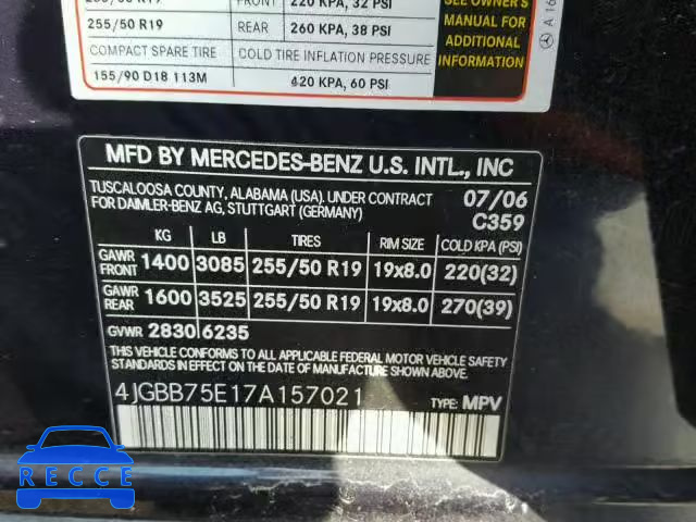 2007 MERCEDES-BENZ ML 500 4JGBB75E17A157021 зображення 9