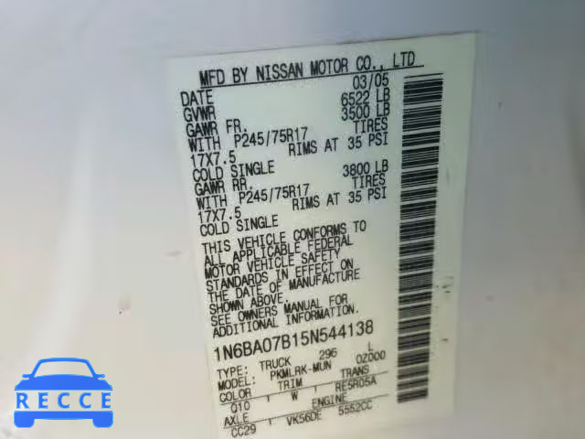 2005 NISSAN TITAN XE 1N6BA07B15N544138 Bild 9