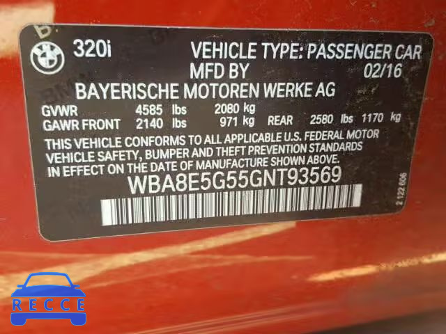 2016 BMW 320 XI WBA8E5G55GNT93569 зображення 9
