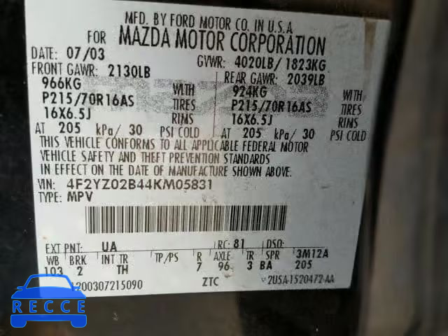 2004 MAZDA TRIBUTE DX 4F2YZ02B44KM05831 image 9