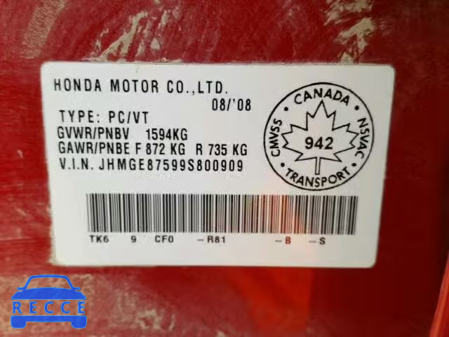 2009 HONDA FIT LX JHMGE87599S800909 image 9