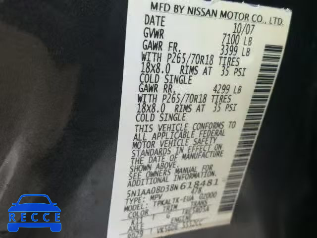 2008 NISSAN ARMADA SE 5N1AA08D38N618481 image 9
