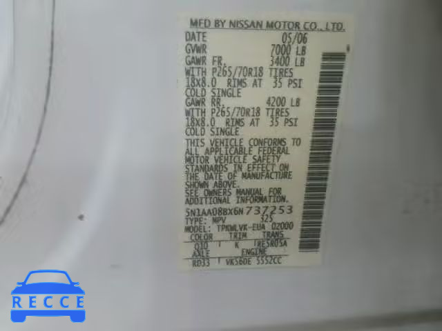 2006 NISSAN ARMADA SE 5N1AA08BX6N737253 зображення 9
