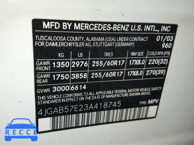 2003 MERCEDES-BENZ ML 350 4JGAB57E23A418745 image 9