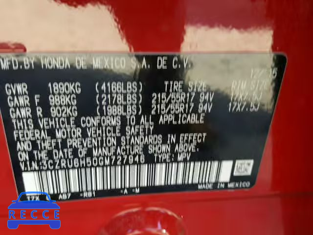 2016 HONDA HR-V EX 3CZRU6H50GM727946 image 9