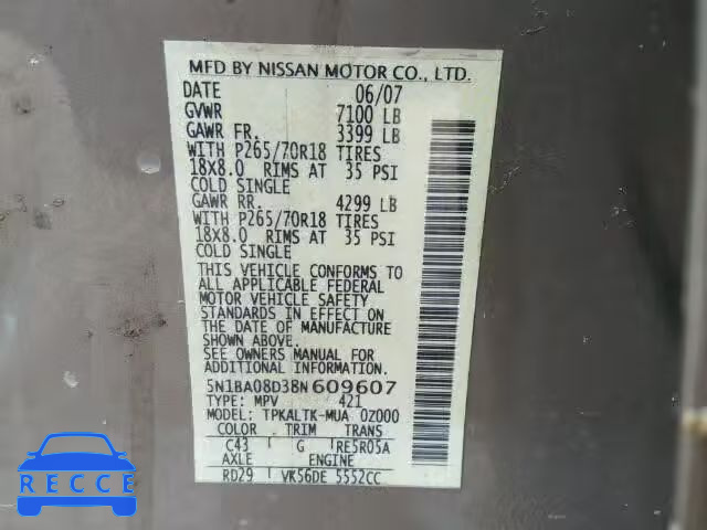 2008 NISSAN ARMADA SE 5N1BA08D38N609607 Bild 9