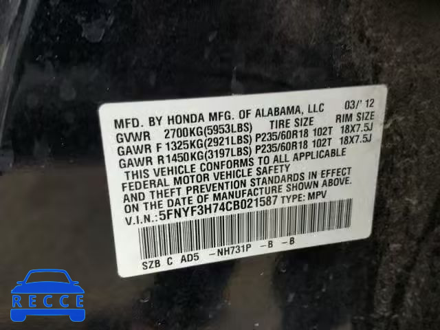 2012 HONDA PILOT EXLN 5FNYF3H74CB021587 image 9