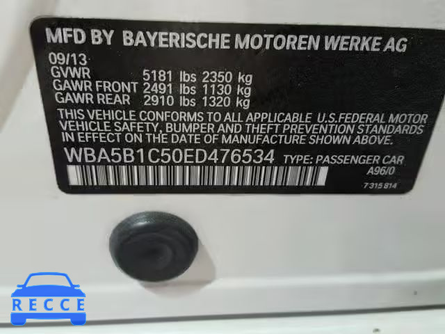 2014 BMW 535 I WBA5B1C50ED476534 зображення 9