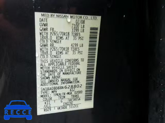 2008 NISSAN ARMADA SE 5N1BA08D88N628802 image 9