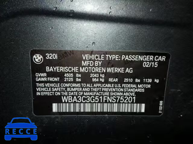 2015 BMW 320 I WBA3C3G51FNS75201 зображення 9