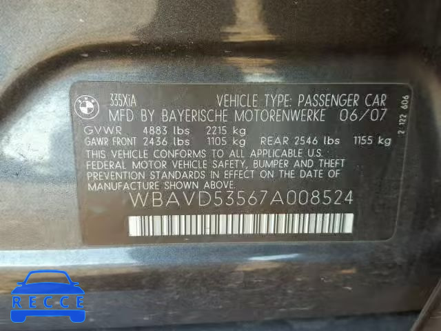 2007 BMW 335 XI WBAVD53567A008524 зображення 9