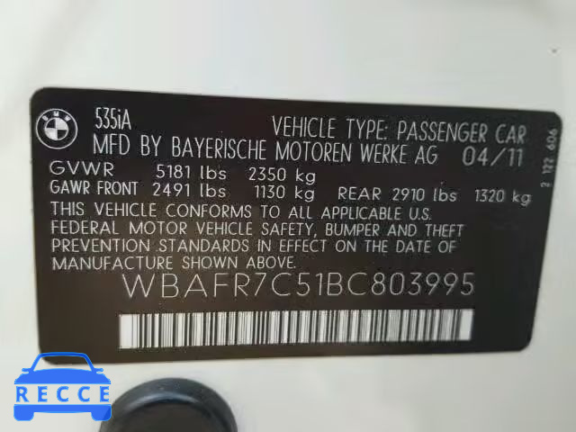 2011 BMW 535 I WBAFR7C51BC803995 зображення 9