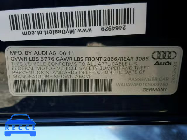 2012 AUDI A8 QUATTRO WAUAVAFD1CN003760 image 9