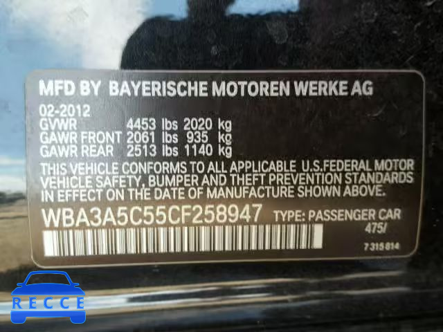 2012 BMW 328 I WBA3A5C55CF258947 зображення 9