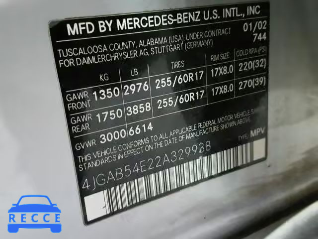 2002 MERCEDES-BENZ ML 320 4JGAB54E22A329938 зображення 9