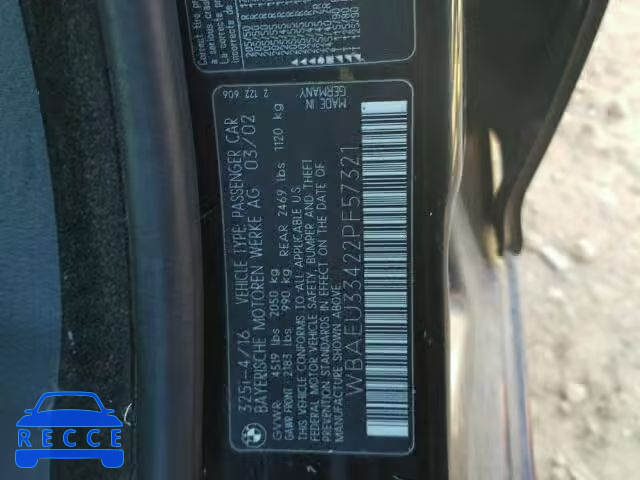 2002 BMW 325 XI WBAEU33422PF57321 image 9