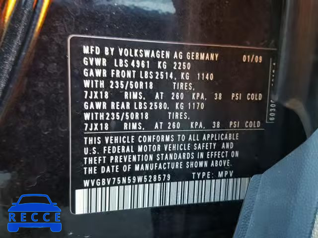 2009 VOLKSWAGEN TIGUAN SE WVGBV75N59W528579 зображення 9