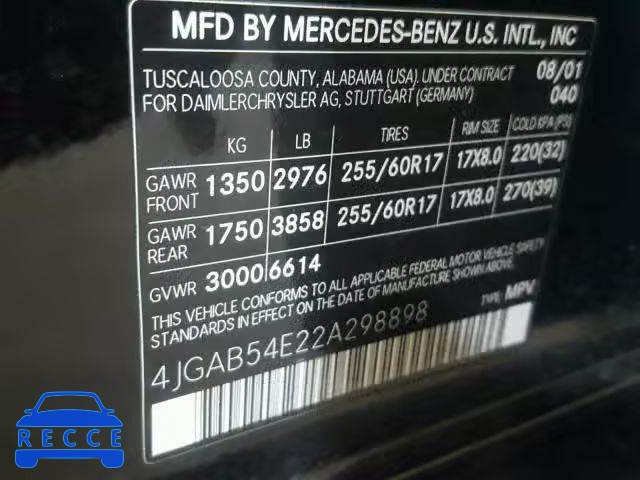 2002 MERCEDES-BENZ ML 320 4JGAB54E22A298898 зображення 9