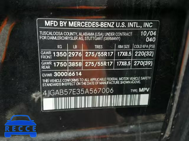 2005 MERCEDES-BENZ ML 350 4JGAB57E35A567006 зображення 9