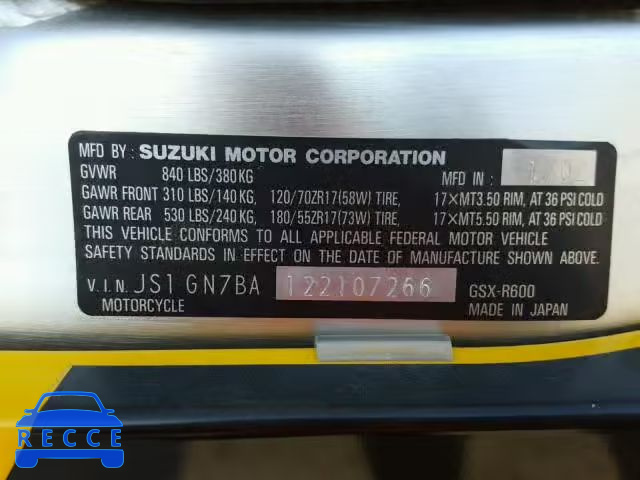 2002 SUZUKI GSX-R600 JS1GN7BA122107266 image 9