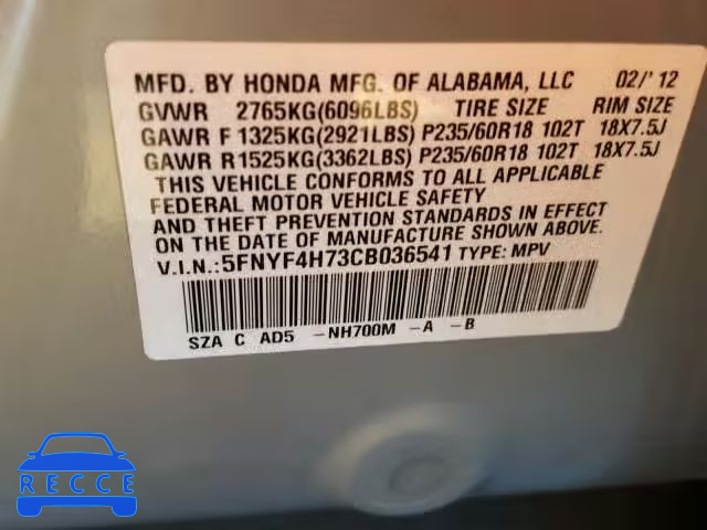 2012 HONDA PILOT EXLN 5FNYF4H73CB036541 image 9