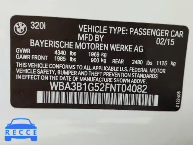 2015 BMW 320 I WBA3B1G52FNT04082 зображення 9