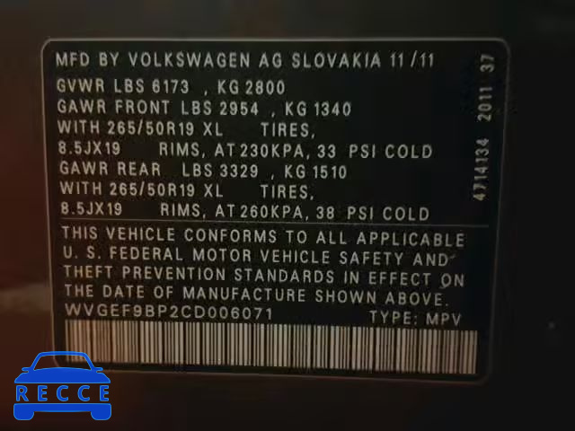 2012 VOLKSWAGEN TOUAREG V6 WVGEF9BP2CD006071 зображення 9