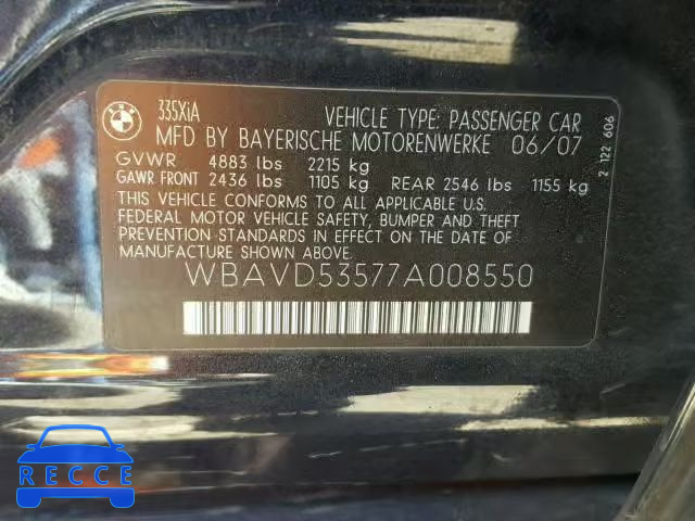 2007 BMW 335 XI WBAVD53577A008550 зображення 9