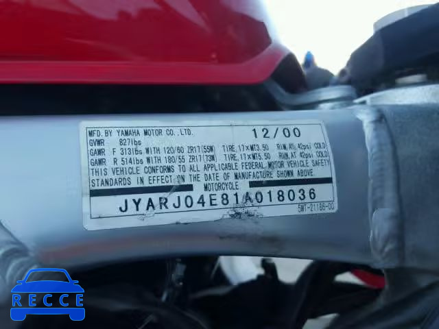 2001 YAMAHA YZFR6 L JYARJ04E81A018036 image 9
