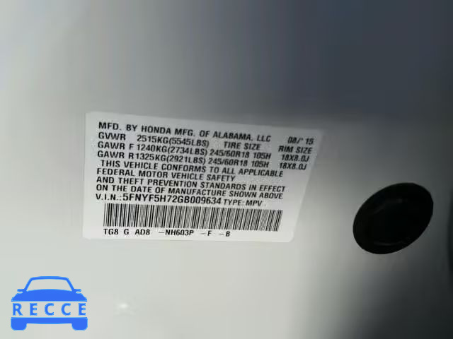 2016 HONDA PILOT EXLN 5FNYF5H72GB009634 image 9