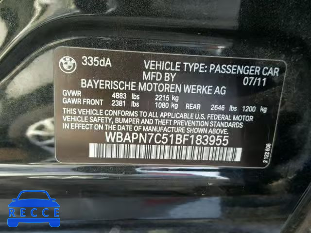 2011 BMW 335 D WBAPN7C51BF183955 зображення 9