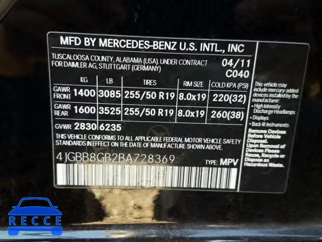 2011 MERCEDES-BENZ ML 350 4MA 4JGBB8GB2BA728369 image 9