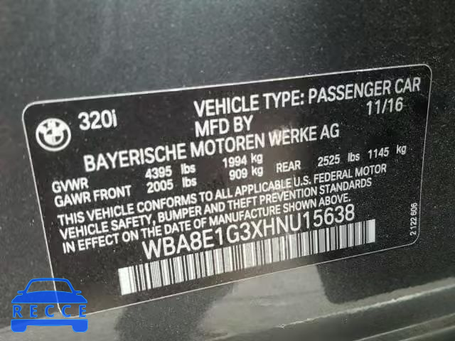 2017 BMW 320 I WBA8E1G3XHNU15638 зображення 9
