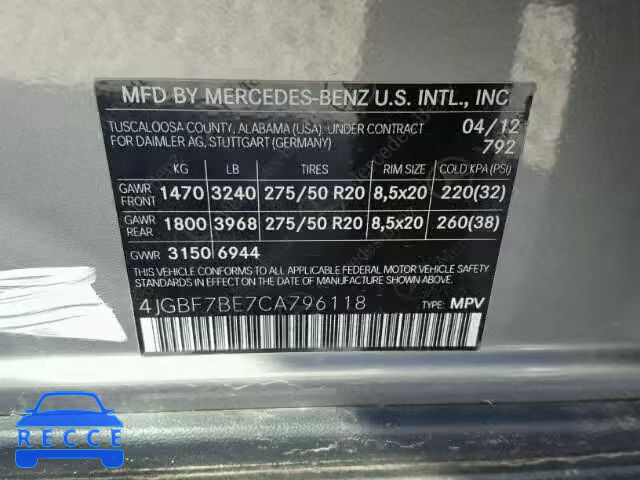2012 MERCEDES-BENZ GL 450 4MA 4JGBF7BE7CA796118 зображення 9