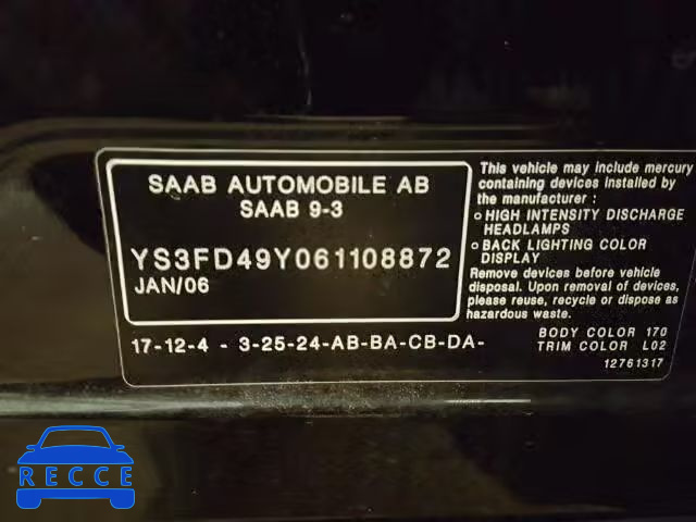 2006 SAAB 9-3 BASE YS3FD49Y061108872 зображення 9