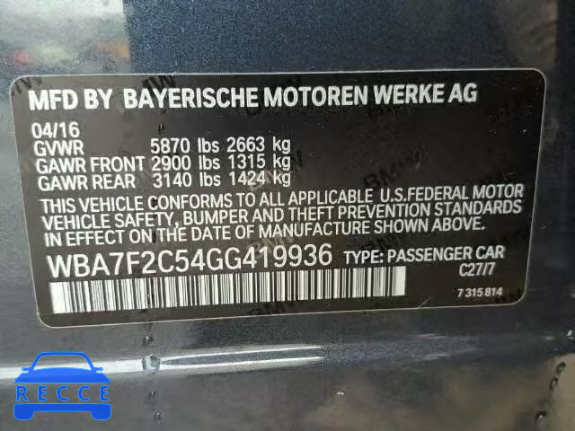 2016 BMW 750 XI WBA7F2C54GG419936 зображення 9