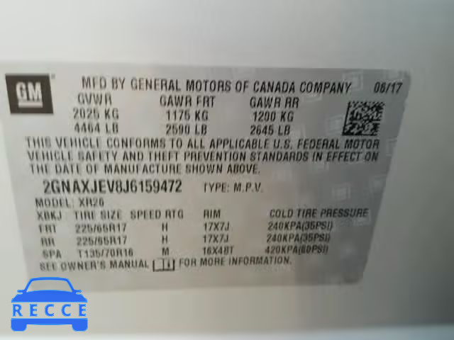 2018 CHEVROLET EQUINOX LT 2GNAXJEV8J6159472 Bild 9