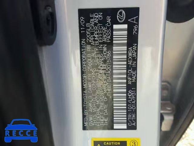 2010 LEXUS HS 250H JTHBB1BA1A2015786 Bild 9