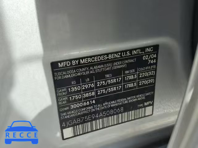 2004 MERCEDES-BENZ ML 500 4JGAB75E94A508068 зображення 9