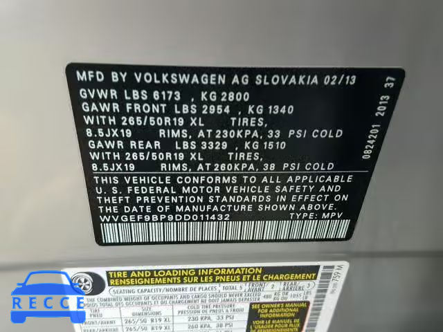 2013 VOLKSWAGEN TOUAREG V6 WVGEF9BP9DD011432 image 9