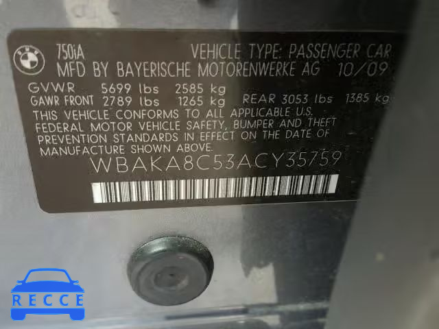 2010 BMW 750 I WBAKA8C53ACY35759 Bild 9