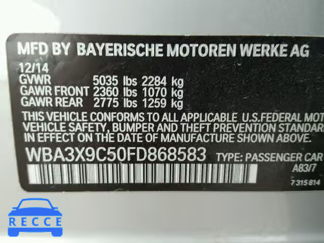 2015 BMW 335 XIGT WBA3X9C50FD868583 зображення 9