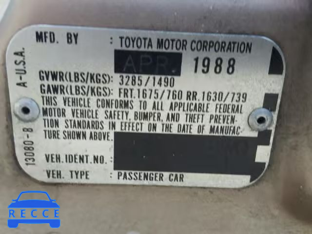 1988 TOYOTA COROLLA DL JT2AE92W0J3107831 зображення 9