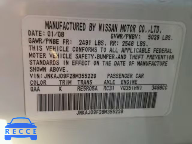 2008 INFINITI EX35 BASE JNKAJ09F28M355229 image 9